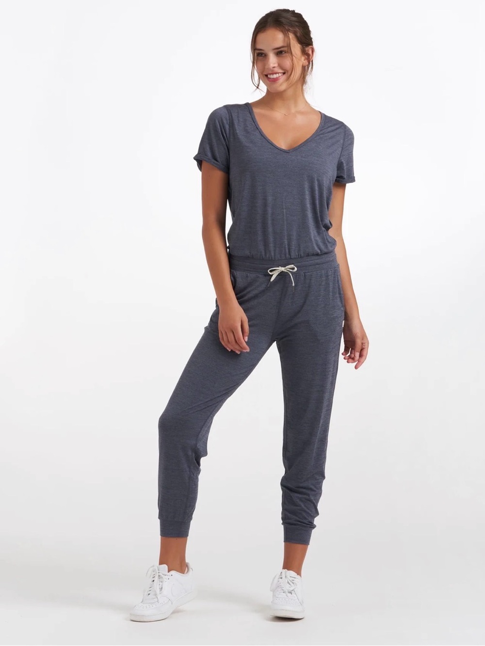 Vuori Heathered Navy V-Neck Lounge Jumpsuit